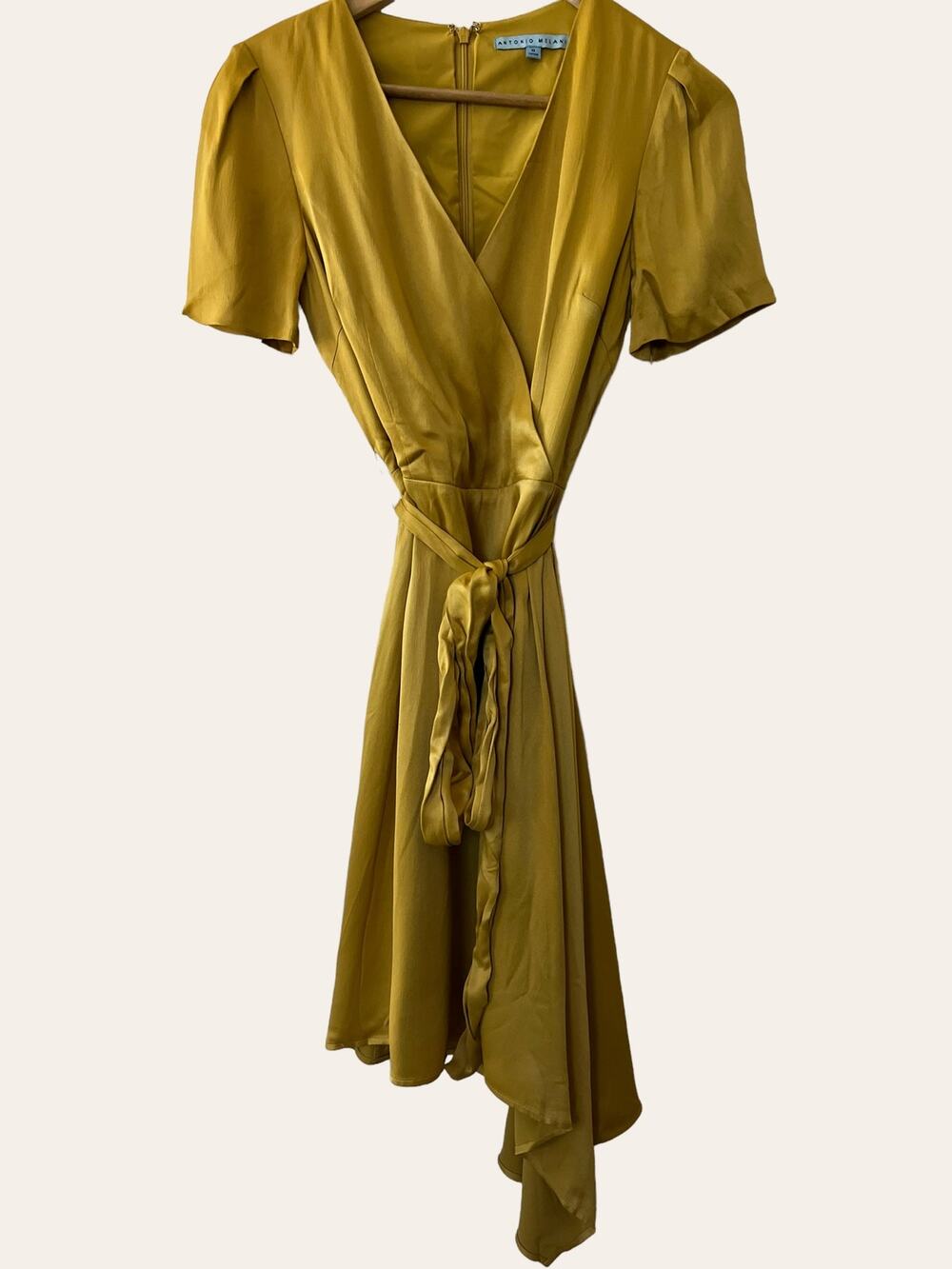 Antonio Melani Layla Satin Faux Wrap Asymmetrical Bright Olive Dress Size 0